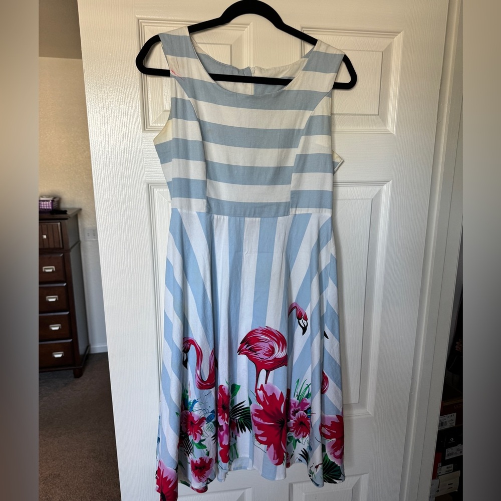 Flamingo dress size large blue and white stripes